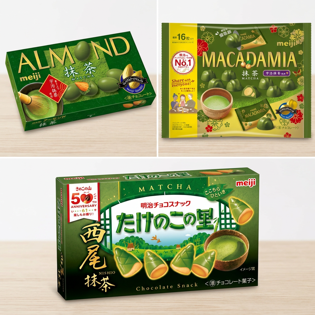 Meiji Matcha Chocolate Bundle: Almond, Macadamia, Takenoko - Japanese Gift