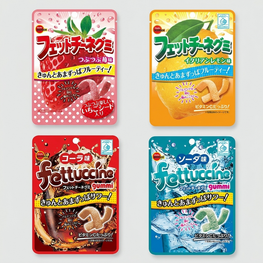 Bourbon Fettuccine Gummy Candy Assortment, Japanese Chewy Fruit Candy Pack