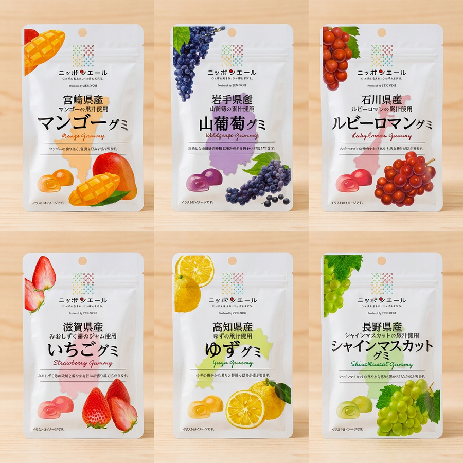 Zenno Nippon Ale Gummy Fruit Candy Set - Mango, Grape, Ruby, Yuzu, Muscat